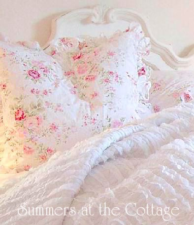 SHABBY COTTAGE CHIC PINK ROSES ROSEBUDS WILDFLOWERS RUFFLED EURO SHAMS - SET OF 2